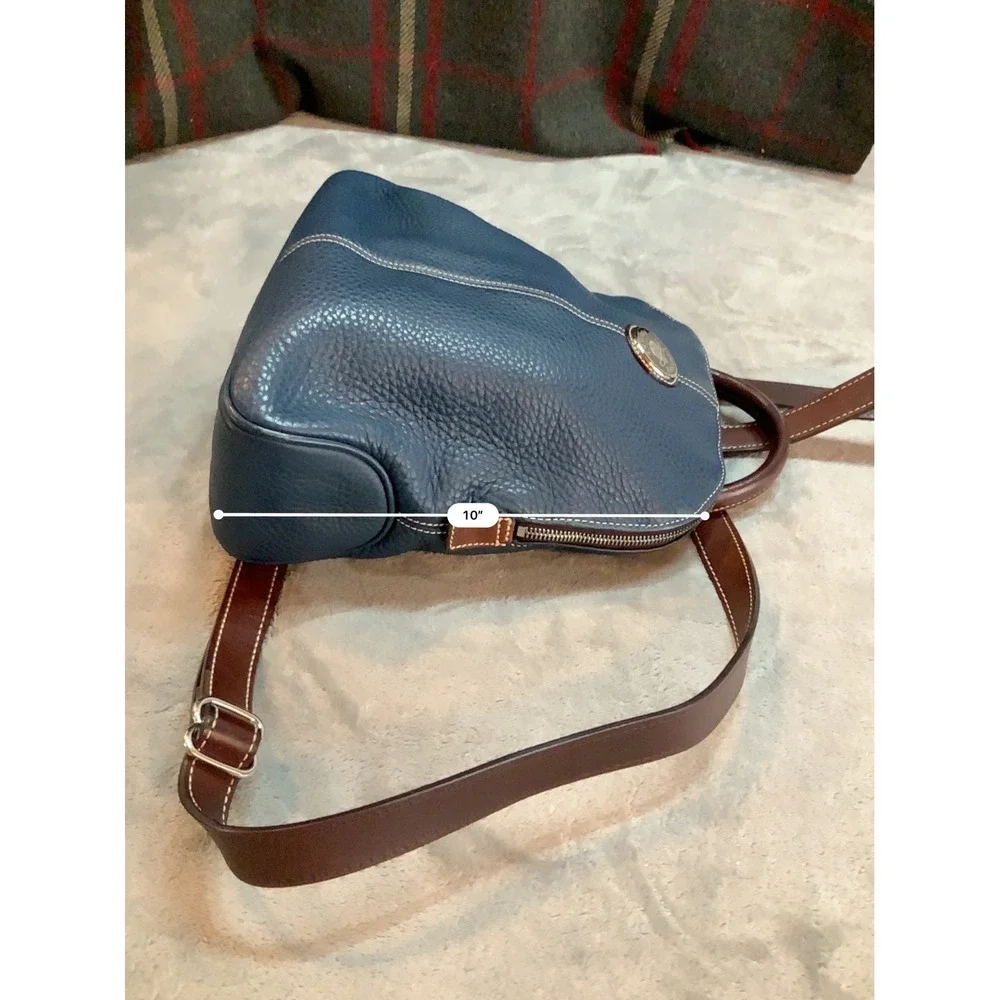 Dooney & Bourke Pebbled Leather Backpack Slate Blue Brown Trim Dome Bag
